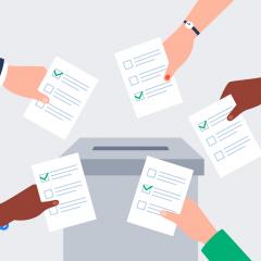 drawing of hands holding vote cards 