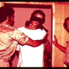 Guards with a blindfolded prisoner in the Stanford Prison Experiment, 1971. (photo source: PrisonExp.org)