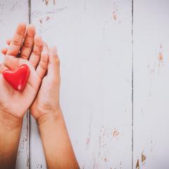 hands holding a red plastic heart